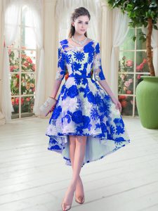 Blue And White Scoop Lace Up Belt Prom Dresses Half Sleeves