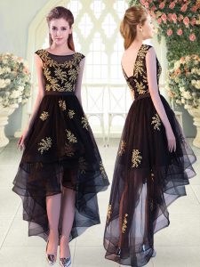 Beauteous Scoop Cap Sleeves Lace Up Dress for Prom Black Tulle