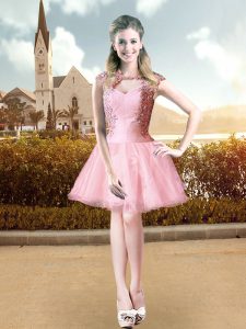 Extravagant Baby Pink A-line Beading Prom Dress Lace Up Organza Cap Sleeves Mini Length