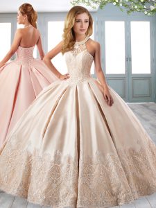 Flare Champagne Lace Up Halter Top Appliques and Pick Ups 15th Birthday Dress Satin Sleeveless Court Train