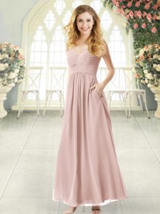 Deluxe Ankle Length Pink Chiffon Sleeveless Ruching