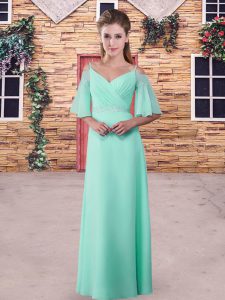 Hot Selling Apple Green and Light Blue Chiffon Zipper Straps Half Sleeves Floor Length Quinceanera Court of Honor Dress 