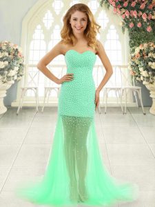 Excellent Apple Green Sleeveless Tulle Brush Train Zipper Prom Dress for Prom and Party