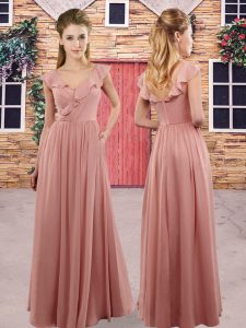 Fine Pink Empire Chiffon V-neck Sleeveless Ruching Floor Length Zipper Court Dresses for Sweet 16