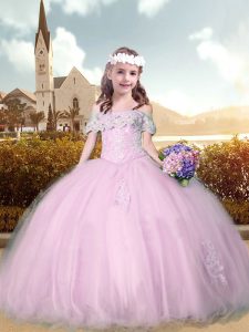 Tulle Off The Shoulder Short Sleeves Lace Up Beading and Appliques Pageant Dress in Pink