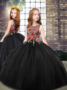Scoop Sleeveless Little Girl Pageant Gowns Floor Length Embroidery Black Tulle