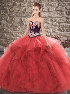 Unique Ball Gowns 15th Birthday Dress Red Sweetheart Tulle Sleeveless Floor Length Lace Up