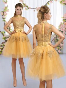 Latest Gold High-neck Zipper Lace and Bowknot Damas Dress Cap Sleeves