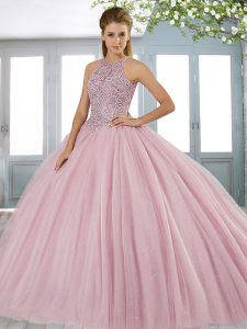 Sweet Pink Ball Gowns Tulle Halter Top Sleeveless Beading Lace Up Quinceanera Gowns Sweep Train