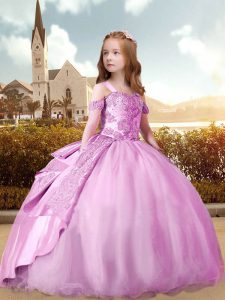 Modern Off The Shoulder 3 4 Length Sleeve Brush Train Lace Up Little Girl Pageant Gowns Lilac Satin and Tulle