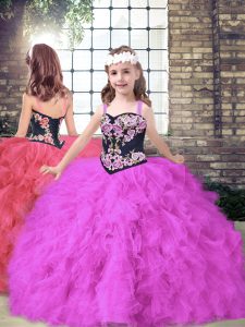 Embroidery and Ruffles Little Girl Pageant Dress Fuchsia Lace Up Sleeveless Floor Length