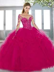 Sweep Train Ball Gowns 15th Birthday Dress Hot Pink Sweetheart Tulle Long Sleeves Lace Up