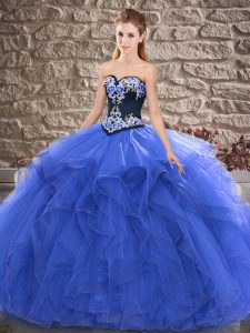 Top Selling Blue Ball Gowns Beading and Embroidery Quince Ball Gowns Lace Up Tulle Sleeveless Floor Length