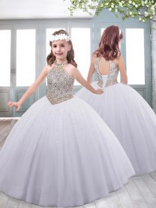 Fashionable White Ball Gowns Tulle Halter Top Sleeveless Beading Floor Length Lace Up Kids Pageant Dress