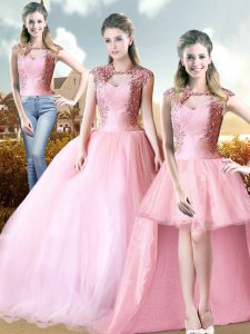 Simple Beading and Appliques Quince Ball Gowns Pink Lace Up Cap Sleeves Floor Length