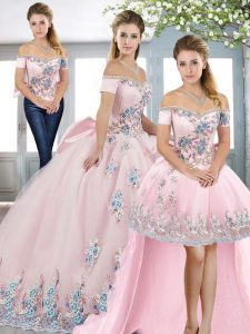 Fitting Short Sleeves Tulle Floor Length Lace Up Sweet 16 Dresses in Pink with Beading and Appliques and Bowknot