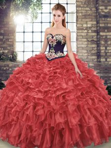 Spectacular Sweep Train Ball Gowns Quince Ball Gowns Red Sweetheart Organza Sleeveless Lace Up