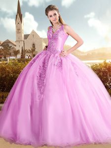 On Sale Lace Up Sweet 16 Dress Pink for Military Ball and Sweet 16 and Quinceanera with Beading and Lace Sweep Train