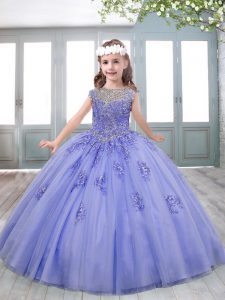 Customized Short Sleeves Tulle Sweep Train Lace Up Pageant Dress for Teens in Lavender with Beading and Appliques