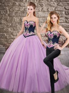 Lilac Tulle Lace Up Sweetheart Sleeveless Quince Ball Gowns Sweep Train Embroidery