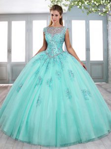 Superior Aqua Blue Tulle Lace Up Scoop Sleeveless 15th Birthday Dress Sweep Train Beading and Appliques