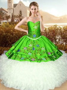 Flare Green Ball Gowns Sweetheart Sleeveless Satin and Organza Floor Length Lace Up Embroidery Quinceanera Dresses