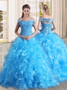 Stunning A-line Sleeveless Baby Blue Quinceanera Dress Sweep Train Lace Up