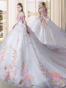 White Ball Gown Prom Dress Military Ball and Sweet 16 and Quinceanera with Appliques Off The Shoulder Sleeveless Cathedr