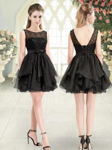 Mini Length Black Dress for Prom Organza Sleeveless Beading and Lace