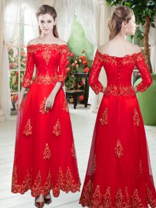 Perfect Red A-line Off The Shoulder 3 4 Length Sleeve Tulle Floor Length Lace and Appliques Dress for Prom