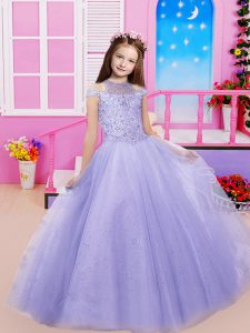 Fancy Sleeveless Floor Length Beading Lace Up Little Girls Pageant Dress Wholesale with Lavender