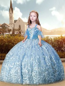 Superior Light Blue Ball Gowns Appliques Pageant Dress for Teens Lace Up Tulle Sleeveless Floor Length