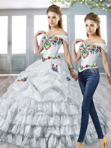 Off The Shoulder Sleeveless Lace Up Quinceanera Gown White Taffeta