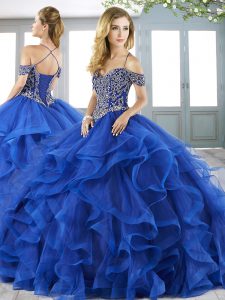 Royal Blue Ball Gown Prom Dress Organza Sweep Train Sleeveless Beading and Ruffles