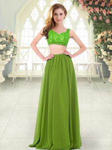 Olive Green Sleeveless Floor Length Beading and Lace Zipper Prom Party Dress