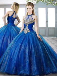Customized Royal Blue Sleeveless Sweep Train Beading 15 Quinceanera Dress