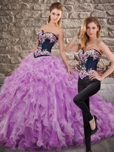 Sleeveless Organza Sweep Train Lace Up Sweet 16 Dresses in Lilac with Embroidery and Ruffles