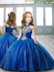 Floor Length Royal Blue Little Girl Pageant Gowns Halter Top Sleeveless Lace Up