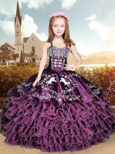 Dazzling Purple Ball Gowns Organza Straps Sleeveless Embroidery and Ruffles Floor Length Lace Up Girls Pageant Dresses