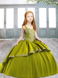 Great Satin Sleeveless Kids Pageant Dress Sweep Train and Embroidery