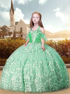 Super Floor Length Apple Green Little Girl Pageant Dress Off The Shoulder Short Sleeves Lace Up