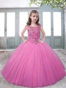 Popular Lilac Tulle Zipper Girls Pageant Dresses Sleeveless Floor Length Beading