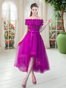 Fuchsia Prom Evening Gown Prom and Party with Appliques Off The Shoulder Short Sleeves Lace Up