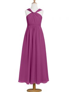 Fuchsia Empire Straps Sleeveless Chiffon Tea Length Zipper Ruching Prom Party Dress