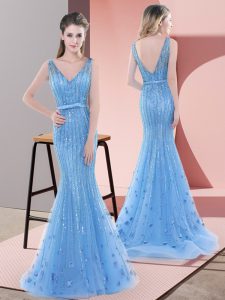Baby Blue Tulle Backless V-neck Sleeveless Sweep Train Beading and Sequins