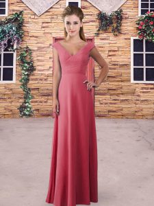 V-neck Sleeveless Bridesmaid Dress Floor Length Ruching Red Chiffon