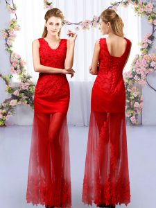 Noble Red Tulle Lace Up Quinceanera Dama Dress Sleeveless Floor Length Lace