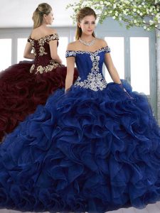 High End Royal Blue Sleeveless Organza Court Train Lace Up Quinceanera Gown for Military Ball and Sweet 16 and Quinceane