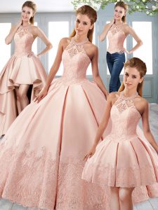 Pink Sweet 16 Dress Military Ball and Sweet 16 and Quinceanera with Pick Ups Halter Top Sleeveless Lace Up