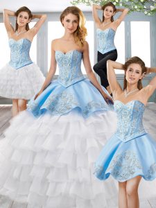 Decent Court Train Ball Gowns Vestidos de Quinceanera Blue And White Sweetheart Satin and Organza Sleeveless Lace Up